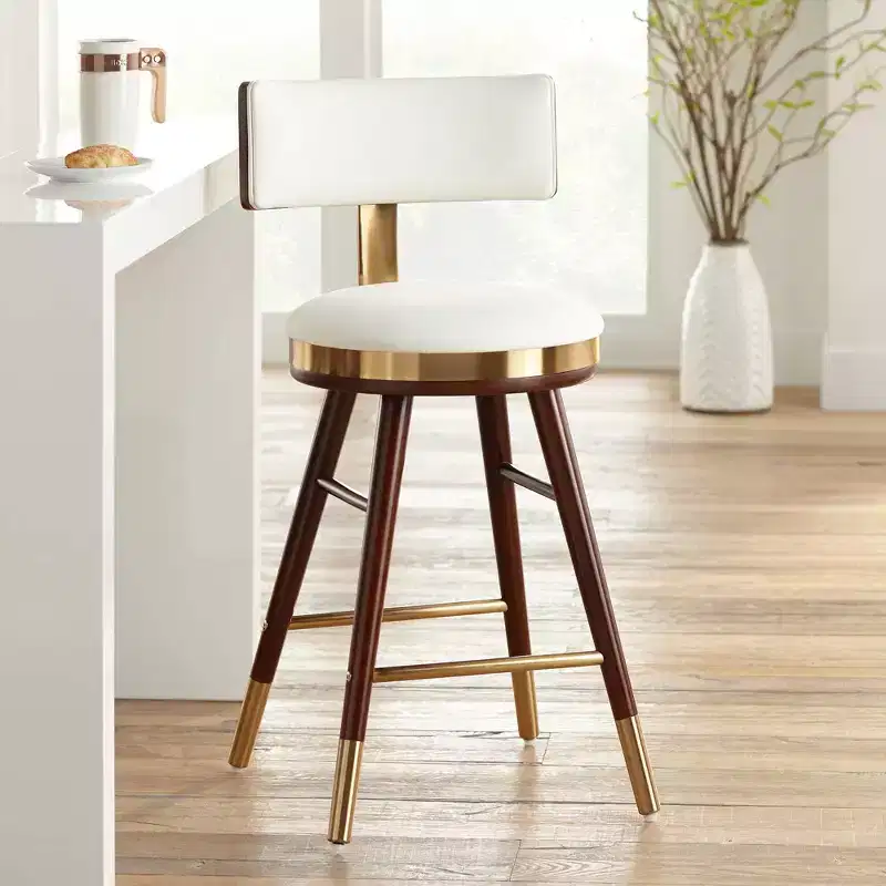 Studio 55D Parker Walnut Metal Bar Stool Brown Gold 25 1/2 High Modern White Leather Cushion with Backrest Footrest for Kitchen Counter Height Island