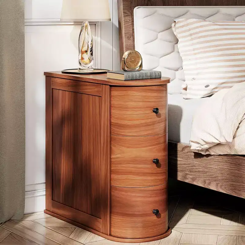 Celebalcony End Table with 3 Drawers for Bed or Sofa, Slim Narrow Nightstand Stand, Space-Saving Storage Cabinet for Living Room/Bedroom Corner,Walnut