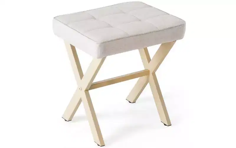 Modern Linen Ottoman Footstool with Metal X-Frame Legs, Small Vanity Stool with Soft Cushion Seat for Entryway, Bedroom & Living Room