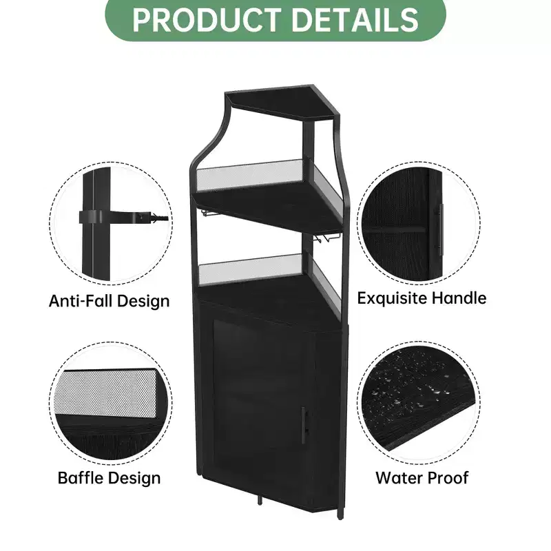 Wine Cabinet, Corner Farmhouse Wine Bar with Removable Rack & Glass Holder, Compact Liquor Coffee Storage Unit with Mesh Door