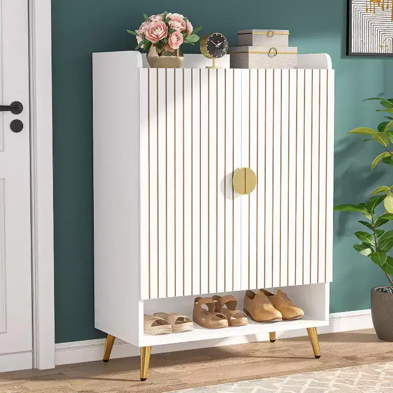 Lantine 6-Tier Wooden Shoe Cabinet with Doors and Adjustable Shelves, White & Gold, ideal for Entryway, Hallway, Closet, Living Room shoe storage.
