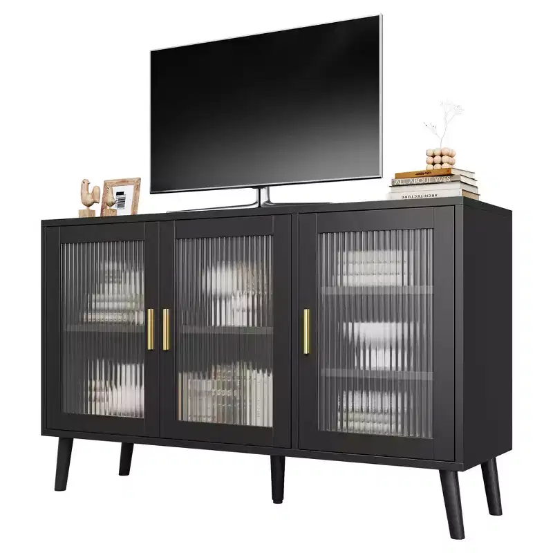 Black Sideboard Buffet Cabinet with Storage, Buffet Cabinet with Fluted Glass Door and Drawers, Sideboard