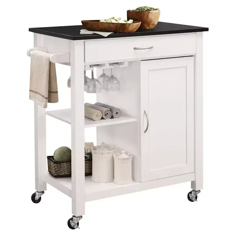 Wheeled Kitchen Bar Cart Black/White – Glass Rack, Drawer, Storage
