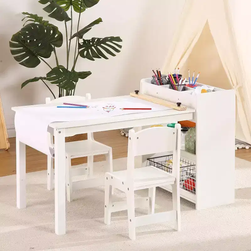 Kids Art Table with 2 Chairs Set, Wooden Toddler Craft Desk with Storage Shelves, Kids Craft Tables for Ages 2-10, Activity Drawing Table