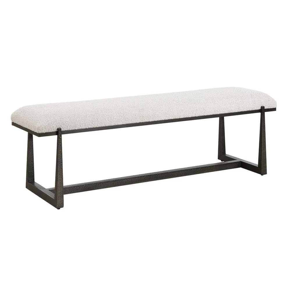 Bronze Iron Legs Textured Bone White Boucle Upholstered Long Bench