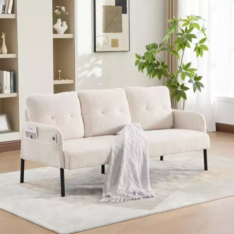 Oversized Modern Loveseat Sofa, 2-Seater Corduroy Couch with Metal Legs & Side Pockets for Living Room, Bedroom, Dorm, or Apartment-Panipeachy