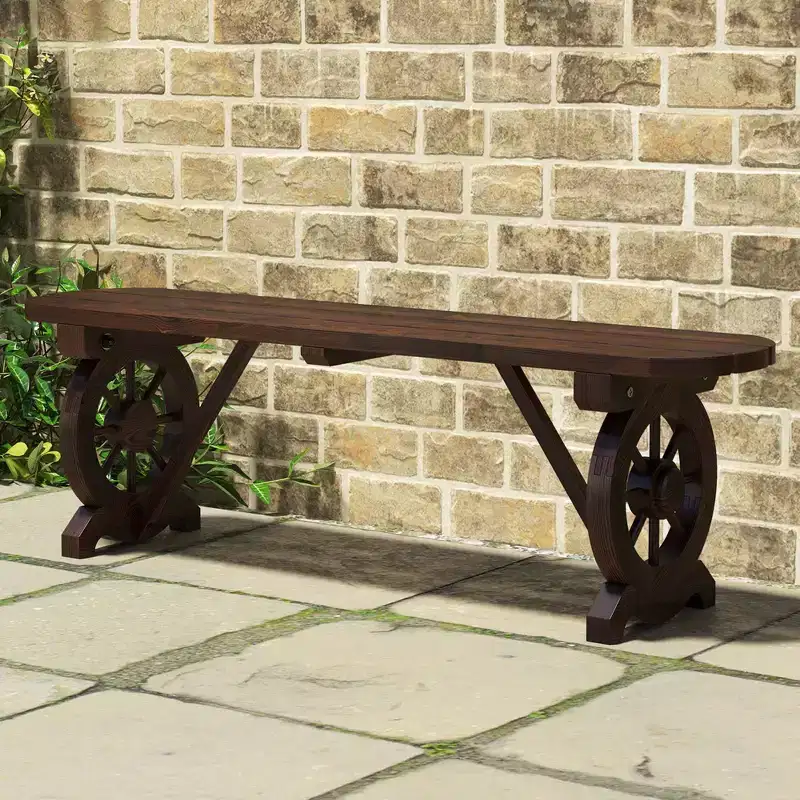 Costway Patio Rustic Wood Bench with Wagon Wheel Base Slatted Seat Design 710 LBS Max Load