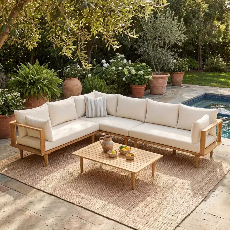 Christopher Knight Home Abena Modern 6-Seater L-Shaped Acacia Patio Sectional Sofa with Slatted Coffee Table and Cushion
