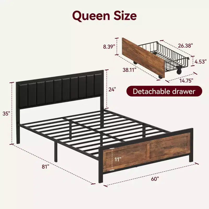 Dyonery Bed Frame with Upholstered Headboard,Metal Bed Frame with Footboard,Noise-Free,No Box Spring Needed,Easy Assembly