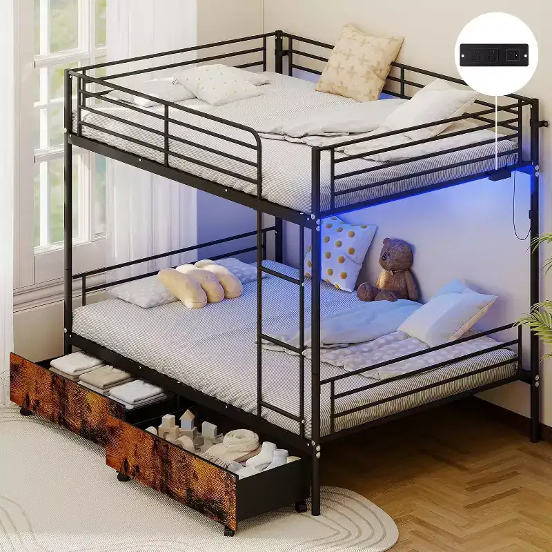 Full Over Full Convertible Bunk Bed with 2 Storage Drawers, USB Charging Station, LED Light, No Box Spring Needed, Metal, Black