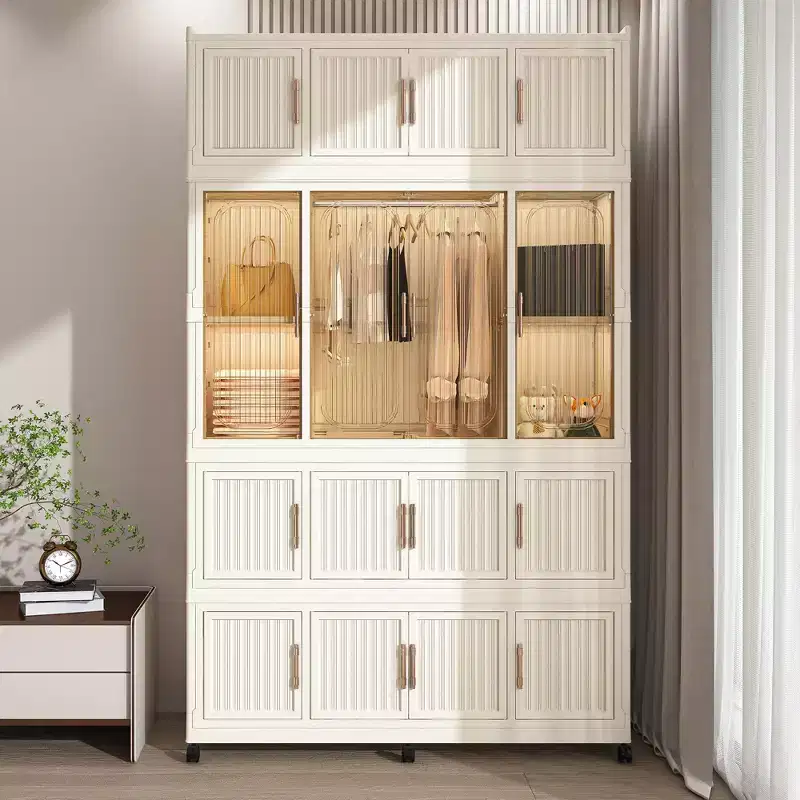 Portable Wardrobe Closet Storage Organizer for Clothes, Wardrobe Storage Cabinet with Magnetic Transparent Door & Hanging Rod for Living Room Bedroom