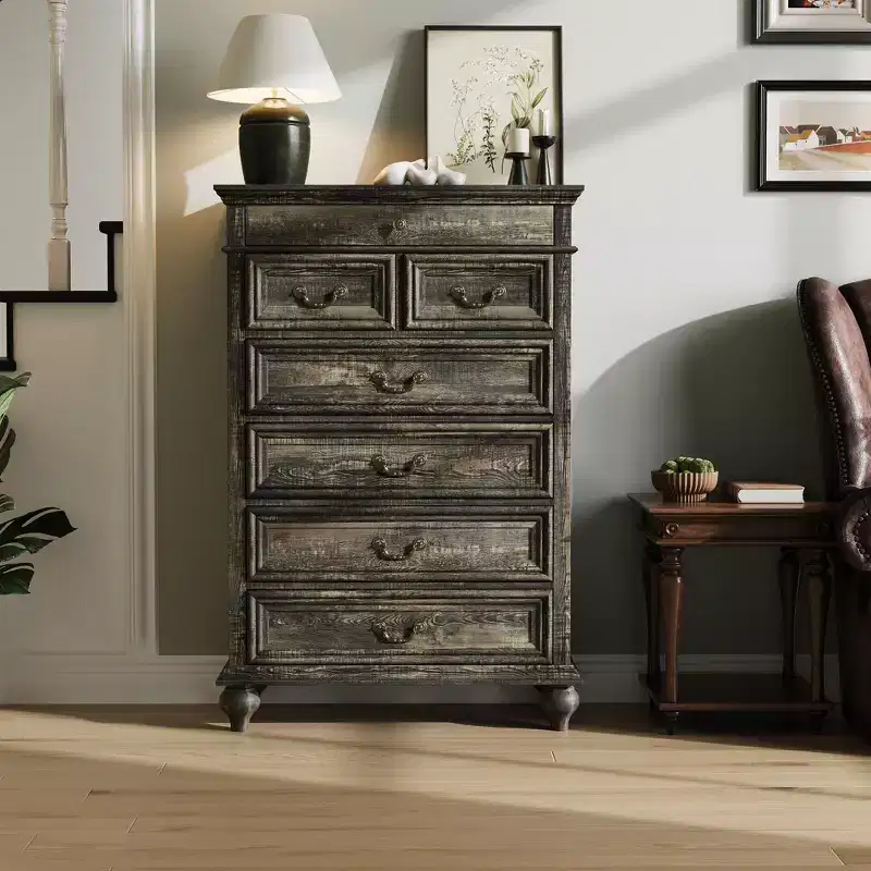 7-Drawer Oak Dresser, Farmhouse Chest with 3-Size Drawers for Bedroom & Nursery