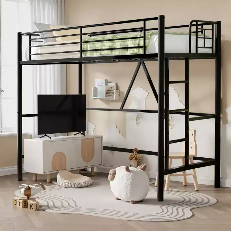 VECELO Twin Size Metal Loft Bed with Removable Ladder and Safety Guardrail
