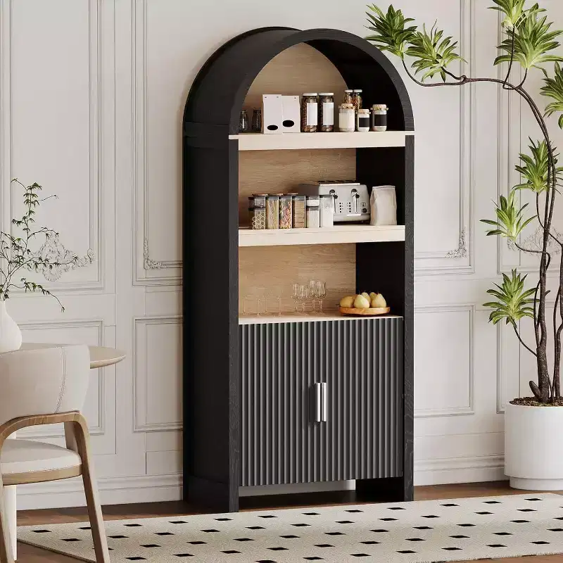 71 Tall Arched Bookcase Cabinet, Mid-Century Modern Wooden Storage Bookshelf with Adjustable Open Shelves, Pantry Display Cabinet