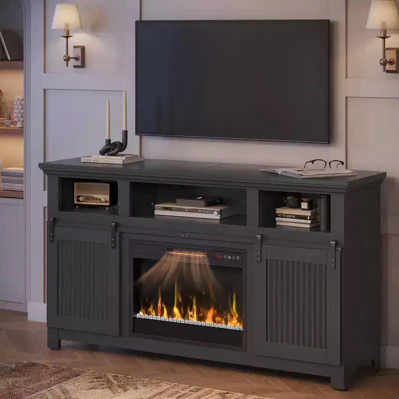Bestier 61 Fireplace TV Stand for TVs up to 65, Farmhouse Barn Door Entertainment Center Media Console with 23 Remote Control Electric Fireplace
