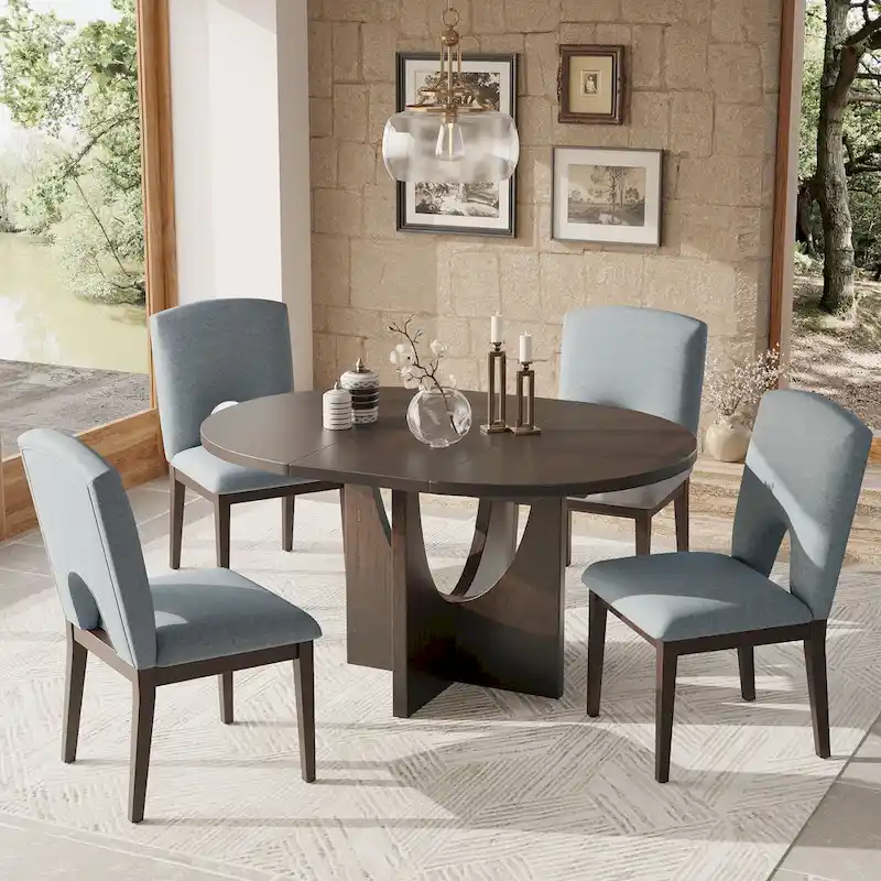 Modern Style Extendable Round Dining Table with Removable Leaf and Upholstered Dining Chairs