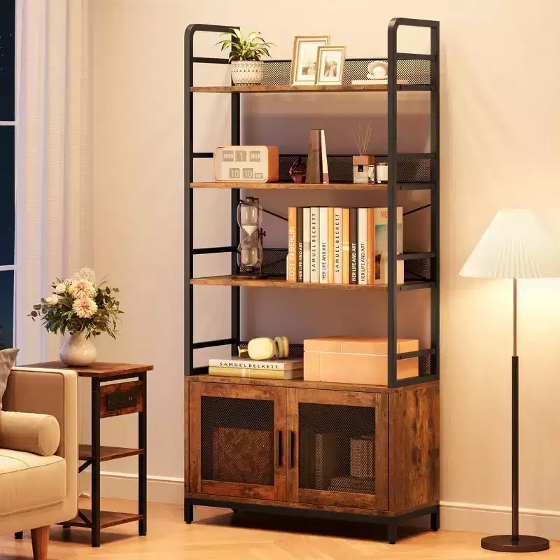 Bibliothque  Trois Couches en Bois de Fer et Grille de Fer avec Porte d'armoire - Bibliothque Industrielle  3 Niveaux - 180 x 80 x 30 cm
