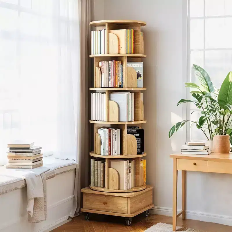 VIYET 68 6-Tier 360 Rotating Bookshelf, Wood Color MDF Tower w/ Wheels & Drawer (Space-Saving Storage for Home/Office)