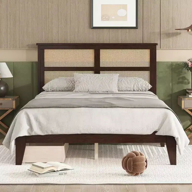 Whisen Full Size Bed with Rattan Headboard and Storage Drawers