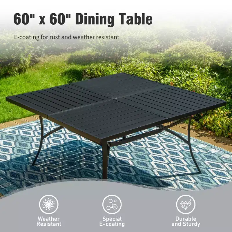 Captiva Designs 9pc Patio Dining Set with Spacious Slat-top Square Metal Table & Steel Frame Chairs
