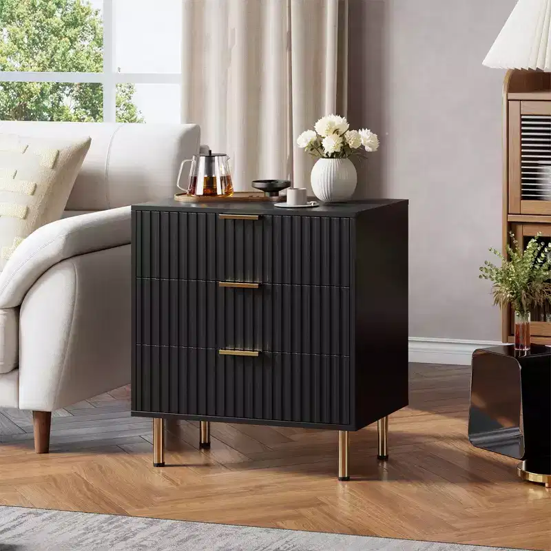 3 Drawer Dresser for Bedroom, Fluted Dresser with Large Drawers and Sturdy Gold Legs Support, Dressers & Chests of Drawers for Bedroom, Living Room