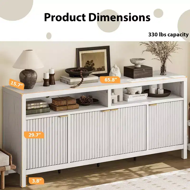 4 Door Recessed Sideboard, Large Kitchen Sideboard, Mid-Century Buffet Table Bar Coffee Bar Wooden Sideboard for Living Room Dining Room Entry