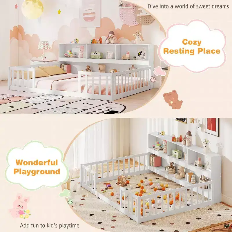 Twin Floor Bed with Bedside Bookcase,Shelves,Guardrails,White