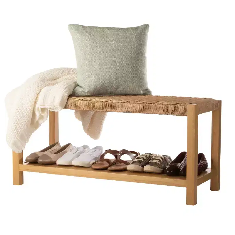40 in. Wood Bench with Handcrafted Woven Rope Seat and Storage Shelf for Entryway or Bedroom
