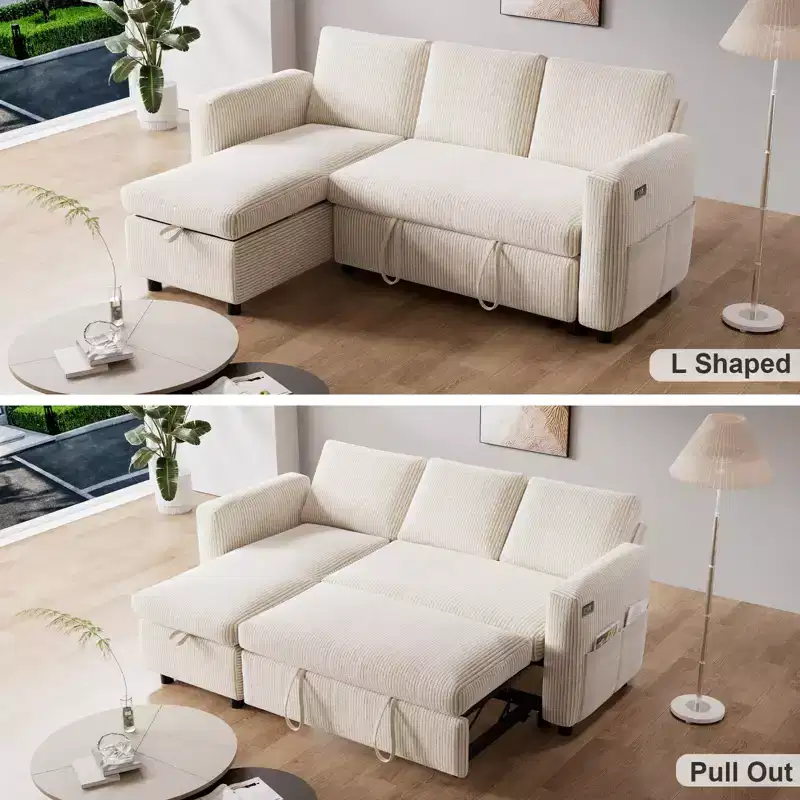Dyonery Sleeper Sofa- 2 in 1 Pull Out Couch Bed with Storage Chaise Living Room,Corduroy Sectional Couch with USB Ports Tool-Free Assembly