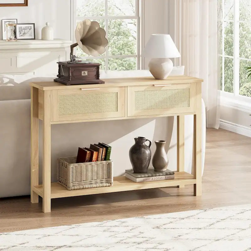 Natural & Brown Rattan 2-Drawer Console Table, 1-Person Assembly