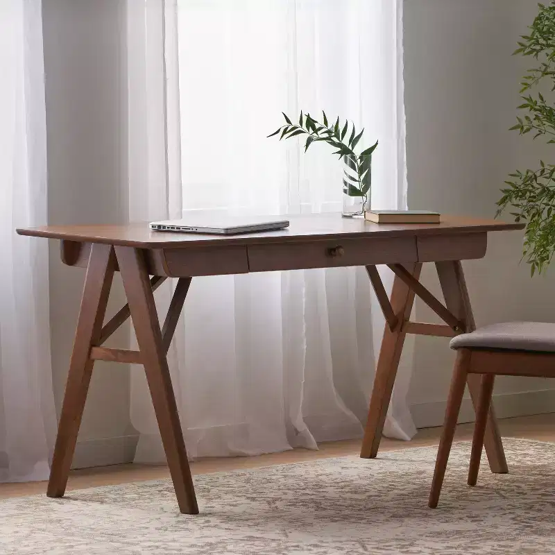 TUYOHW 57 Rubberwood Home Office Desk,Computer Desk with 1 Drawer,A-Frame Legs,Writing Desk for Gaming,Study,Office,Small Spaces,Walnut