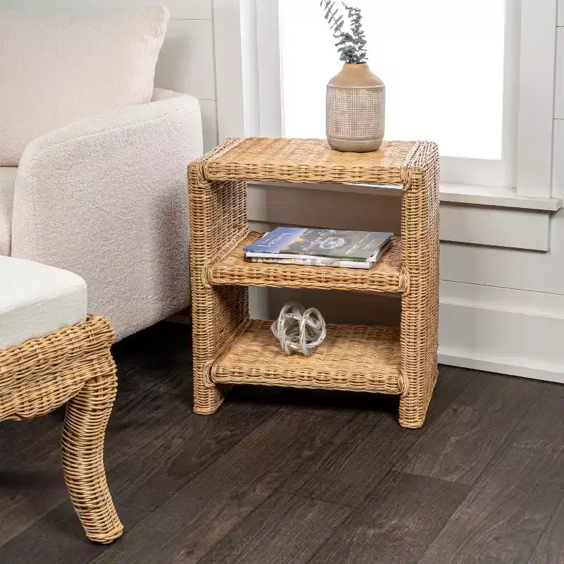 JONATHAN Y Praerie 22 Coastal Bohemian Rattan/Wood 3 Tier End Table, Natural