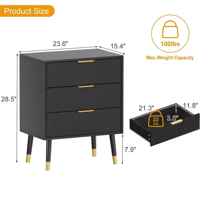 Modern Fluted 3-Drawer Dresser, 35