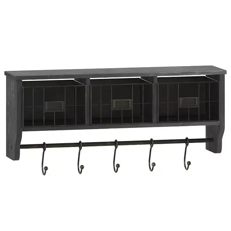 Rustic Country Wall Mounted Shelf with 5 Adjustable Sliding Hooks and Three Wire Storage Baskets