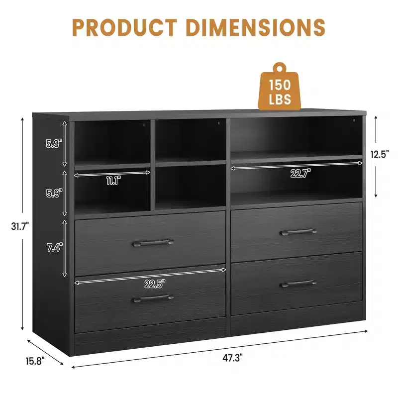 Modern 47.3 Chest of Drawers, Dresser Organizers with 4 Drawer and 6 Adjustable Storage Cubbies for Living Room, Bedroom, Hallway