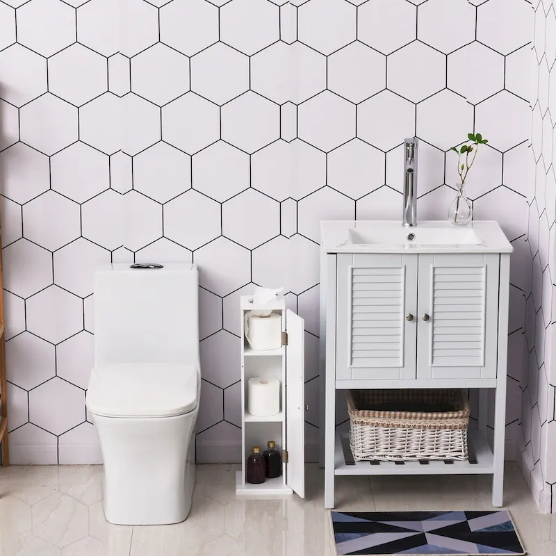 White Painted Corner Floor Cabinet with Door & Shelves, 1-Person