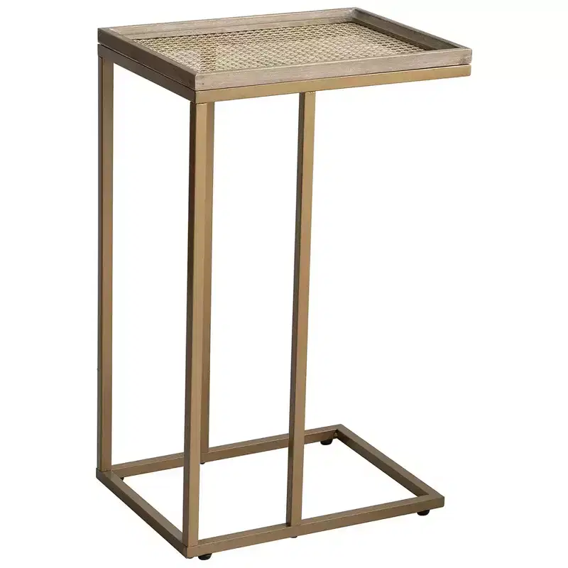 Farmhouse C Table Couch Metal End Table with Woven Pattern Tray Top, Gold