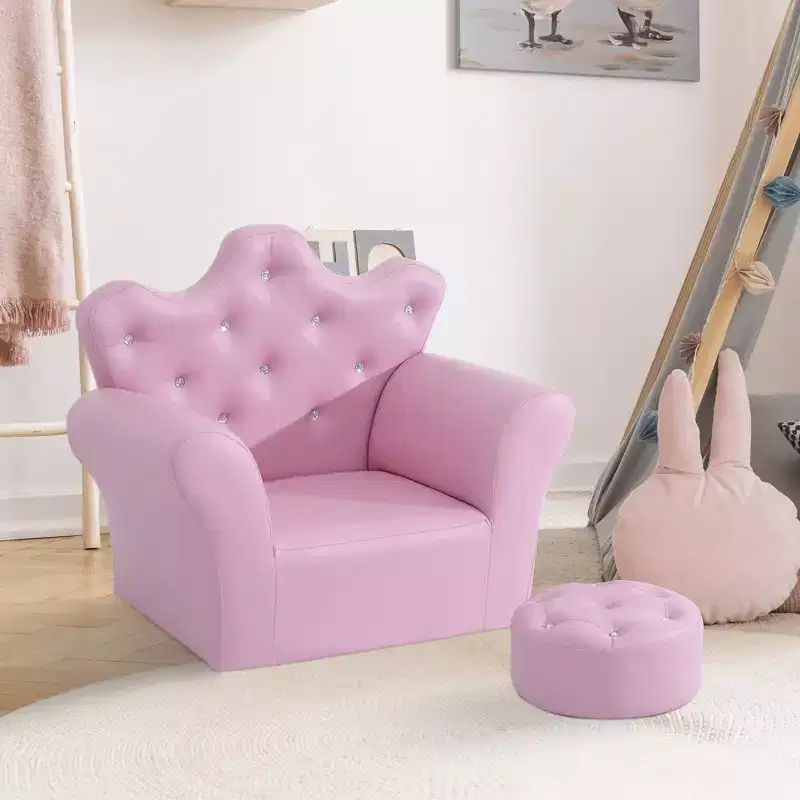 Kids Princess Sofa Chair with Crown Backrest and Matching Footstool Pink