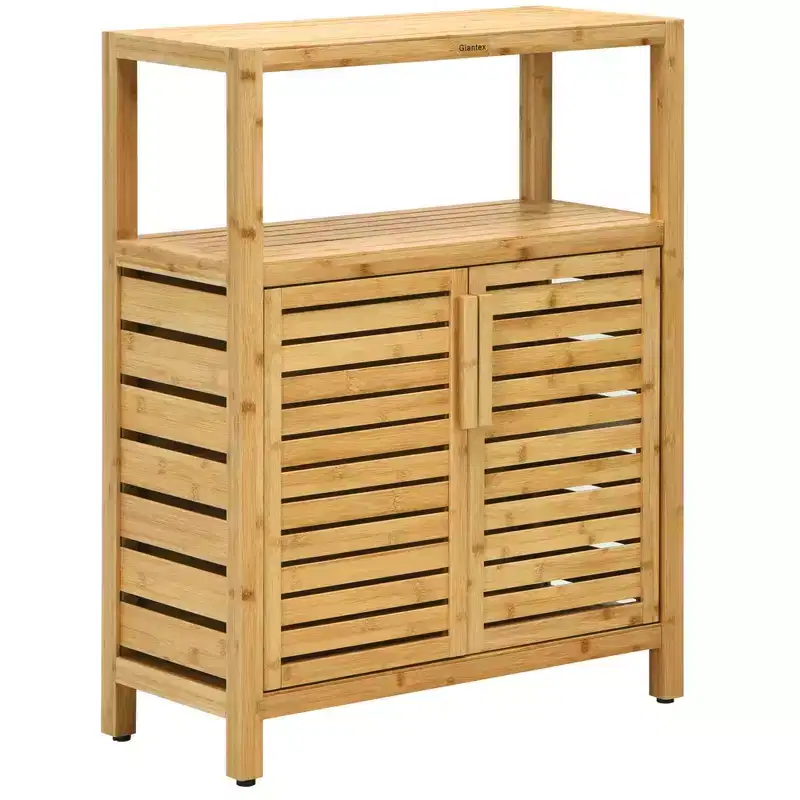 Costway Two-door Bamboo Bathroom Floor Cabinet Storage Organizer w/ Open Shelf