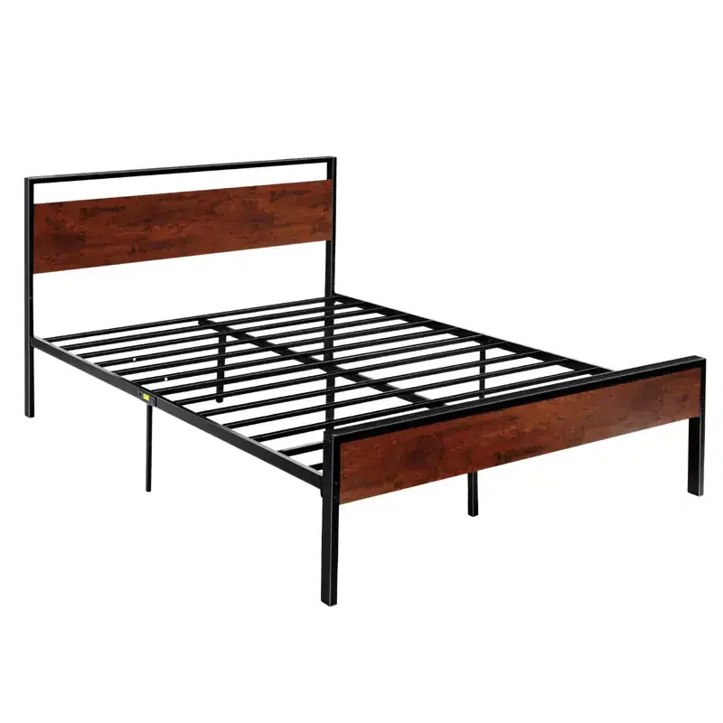 Queen Size Black Metal Platform Bed Frame with Retro Brown Wooden Headboard and Footboard, Large Under-Bed Storage