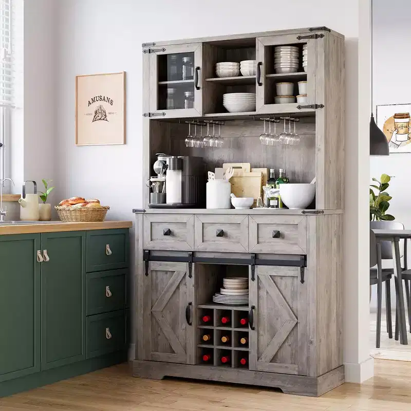72 Farmhouse Bar Cabinet with Sliding Barn Door, Tall Kitchen Buffet with Storage Hutch and 3 Drawer