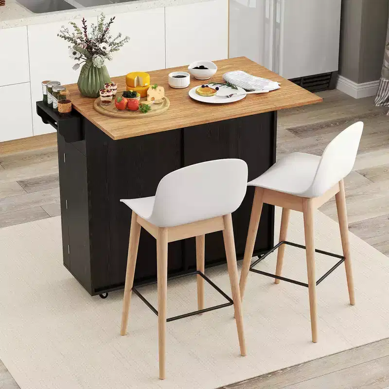 Costway Rolling Kitchen Island Kitchen Island Cart with Drop Leaf Trash Can Cabinet Black/White