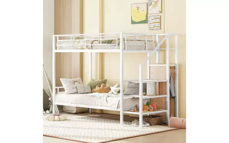 Twin-Over-Twin Metal Bunk Bed with Side Storage Steps and Integrated Wardrobe
