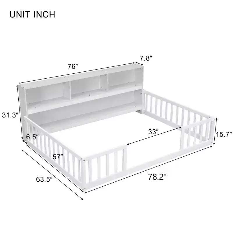 Full Size Kids Floor Bed with Side Bookcase, Shelves & Safety Guardrails, Solid Pine, White