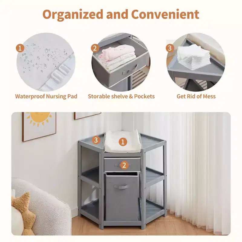 Space-Saving Corner Baby Changing Table with Storage Drawer, Laundry Hamper & Waterproof Pad, Modern Wood Diaper Station for Nursery, Grey