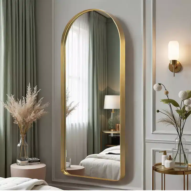 32 in. W x 71 in. H Deep Modern Arch Framed Full Length Mirror with Rounded Corners in Gold