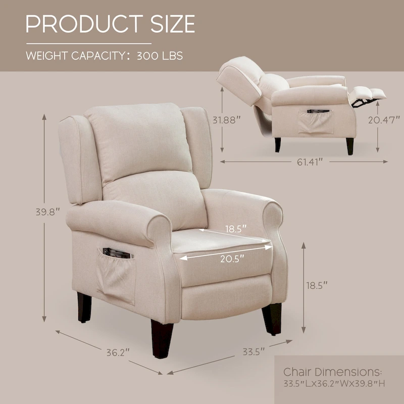 HOMYKA Polyested Upholstered Pushback Recliner Accent Chair Wingback Armchair