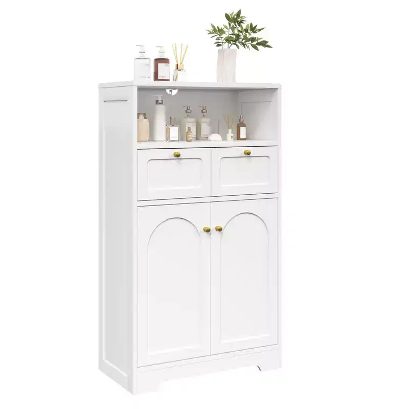 KOLIGEY Modern Bathroom Floor Cabinet with Open Shelf 2 Doors 2 Drawers Storage Cabinet Cupboard for Living Room Kitchen Home Office White