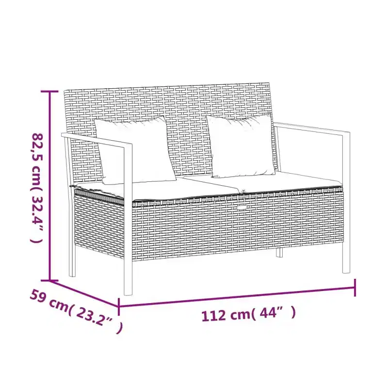 vidaXL Garden Bench Black PE rattan 2-Seater Garden Bench Rectangular