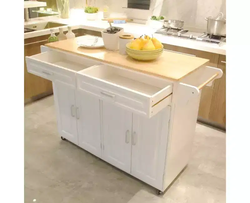 Mobile Kitchen Island Cart White Finish Rubber Wood Top Adjustable Shelves Kitchen Party Spaces